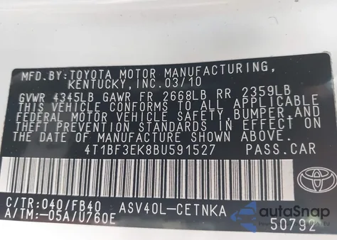 2011 Toyota Camry Le из США, поврежденный, VIN 4T1BF3EK8BU591527